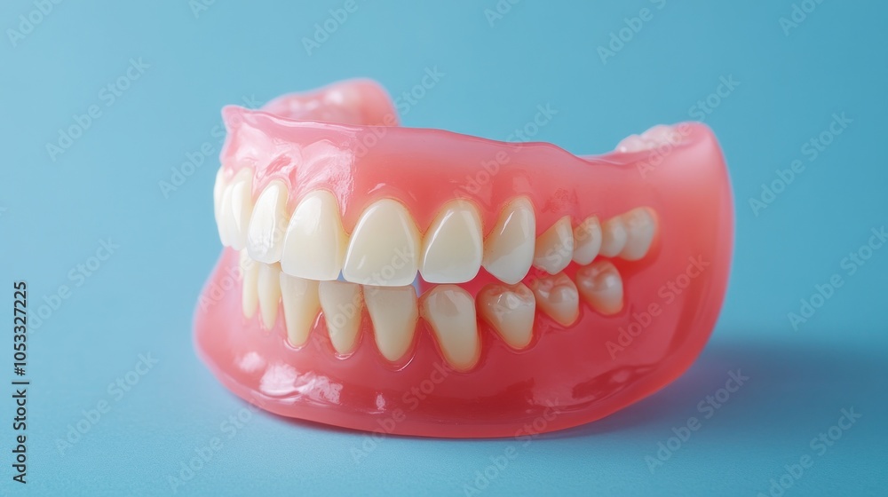A model of dentures showcasing teeth in a realistic manner. A model of dentures showcasing teeth in a realistic manner.