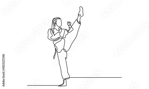 Continuous line drawing of female athletes practicing karate.martial arts training and determination, practicing kicks and jumping.sport, martial arts, combat sports, and active lifestyle concepts. 