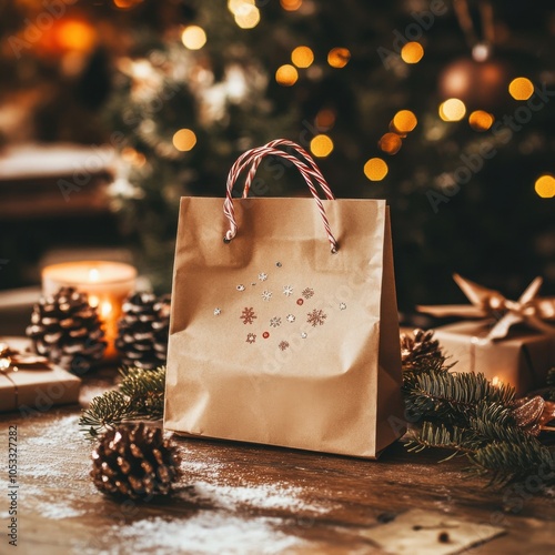 Festive Gift Bag on Table with Christmas Decor photo