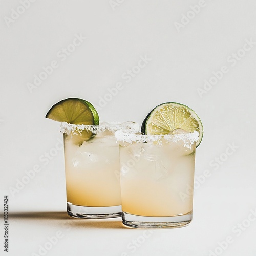 Two Short Margarita Glasses with Lime on White Background.