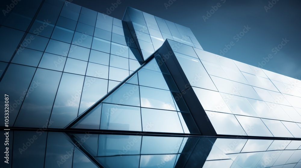 Minimalist architecture with sharp angles and a reflective glass facade ...