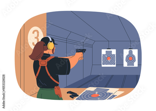 Shooting range session with pistol. Woman aiming at bullseye target with handgun in hands. Professional athlete during sport training with gun. Flat vector illustration isolated on white background