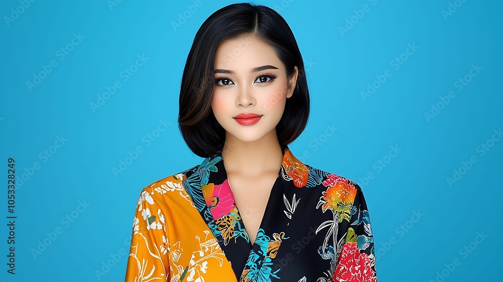 Captivating portrait of a young woman in vibrant floral attire set against a bright blue background showcasing modern elegance and style Captivating portrait of a young woman in vibrant floral attire set against a bright blue background showcasing modern elegance and style