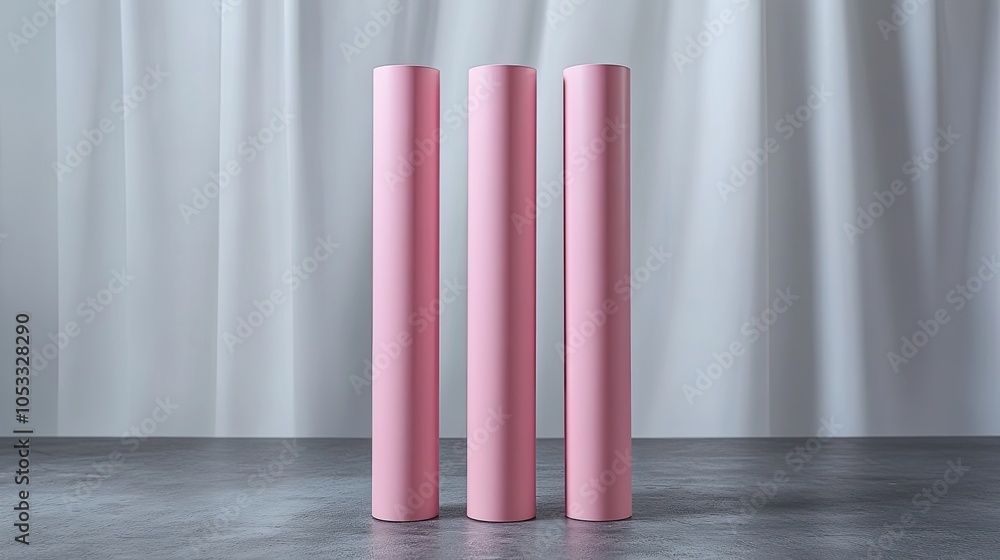 Three pink cylindrical podiums in a minimalist setting with a white backdrop. Three pink cylindrical podiums in a minimalist setting with a white backdrop.