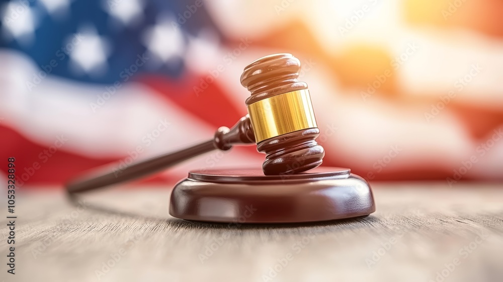 Symbol of american justice, gavel and blurred flag represent law order Symbol of american justice, gavel and blurred flag represent law order