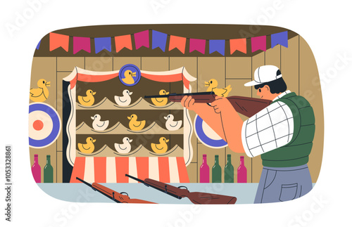 Shooting gallery game for entertainment. Man aiming with toy rifle, gun at ducks, bottles and bullseye targets in amusement carnival booth. Flat vector illustration isolated on white background
