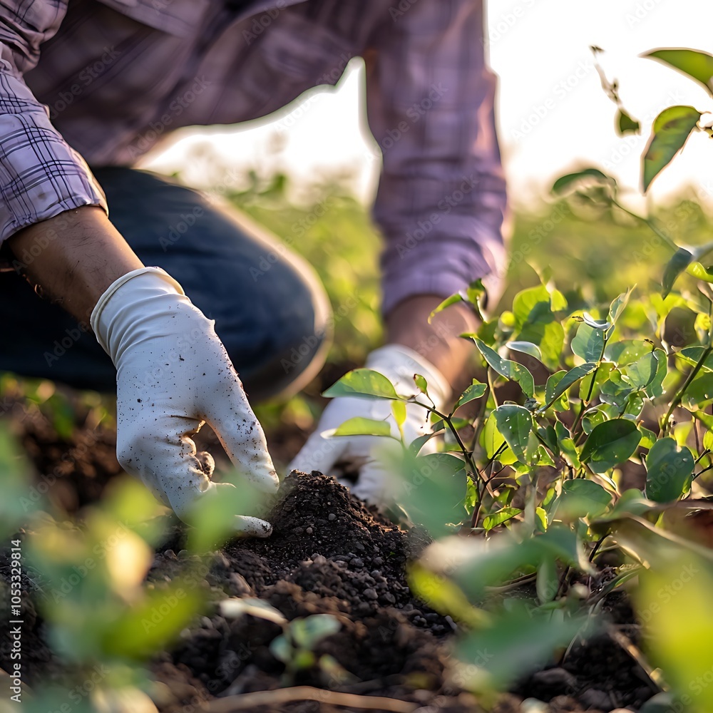 Naklejka premium A scientist wearing white gloves inspecting rows of green plants, Hands in Gloves Inspecting Cannabis Plants
