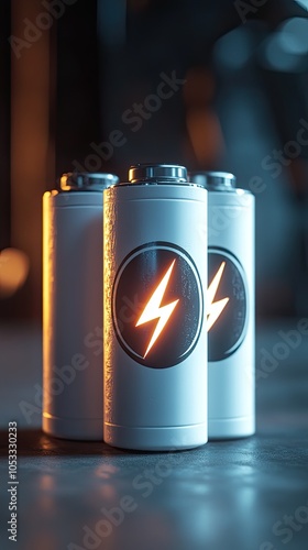 Three white batteries with a lightning bolt symbol glow in the dark. photo