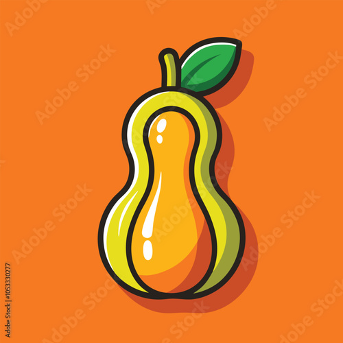 A cartoon illustration of a yellow pear with a green leaf on a bright orange background.