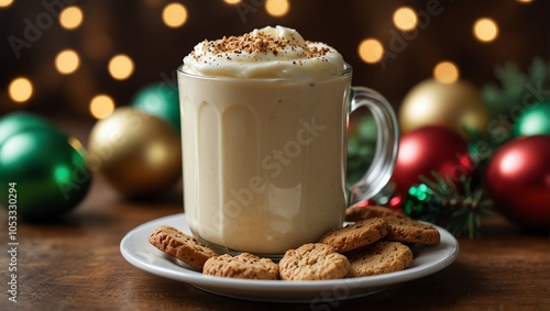 cup of coffee with cookies , A mug of eggnog with whipped cream and nutmeg, topped with Christmas ornaments and cookies.