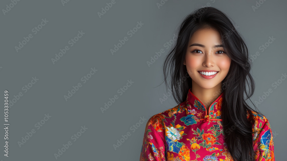 Chinese woman in traditional batik cloth isolated on gray copy space Chinese woman in traditional batik cloth isolated on gray copy space