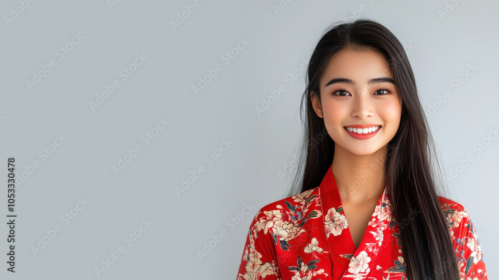 Chinese woman in traditional batik cloth isolated on gray copy space Chinese woman in traditional batik cloth isolated on gray copy space