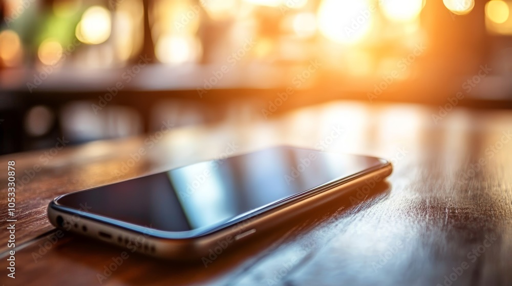 Cell phone on wooden table, a study in modern communication and minimalist design Cell phone on wooden table, a study in modern communication and minimalist design