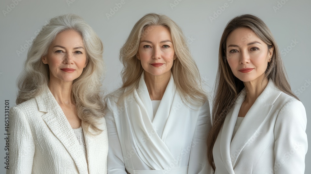 modern composition of different and mature women, with soft color clothes, different ethnicities against white background, smooth and sophisticated image modern composition of different and mature women, with soft color clothes, different ethnicities against white background, smooth and sophisticated image