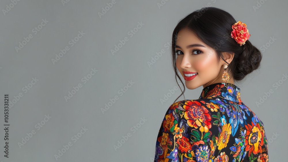 Hispanic woman in traditional batik cloth isolated on gray copy space Hispanic woman in traditional batik cloth isolated on gray copy space