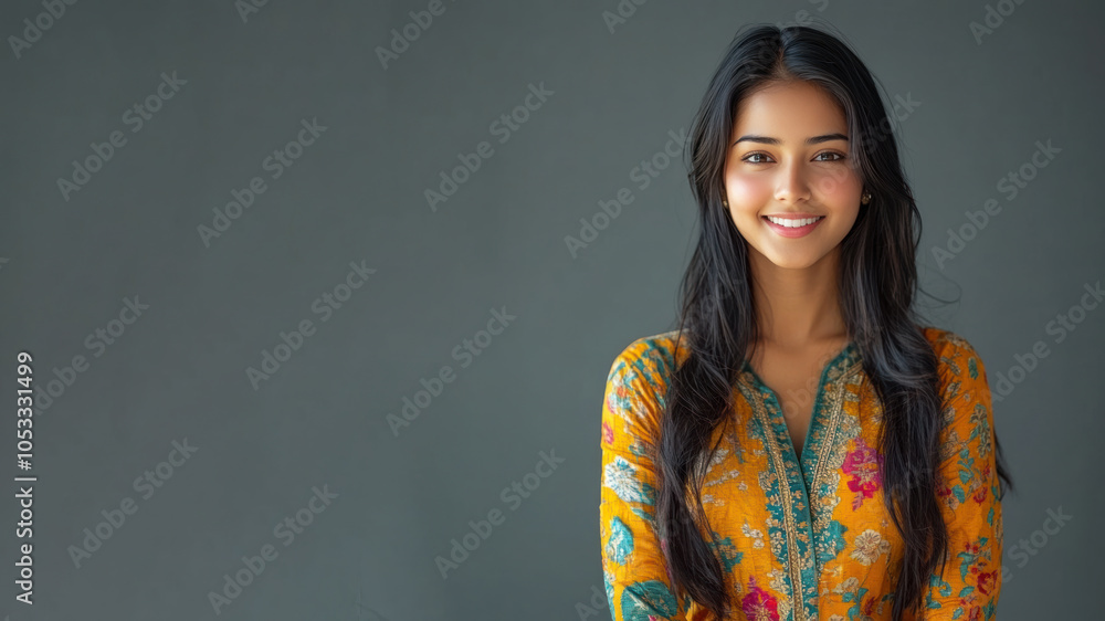 Obraz premium Indian woman in traditional batik cloth isolated on gray copy space