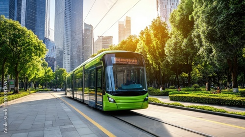 Modern Green Tram in Urban Environment at Sunset