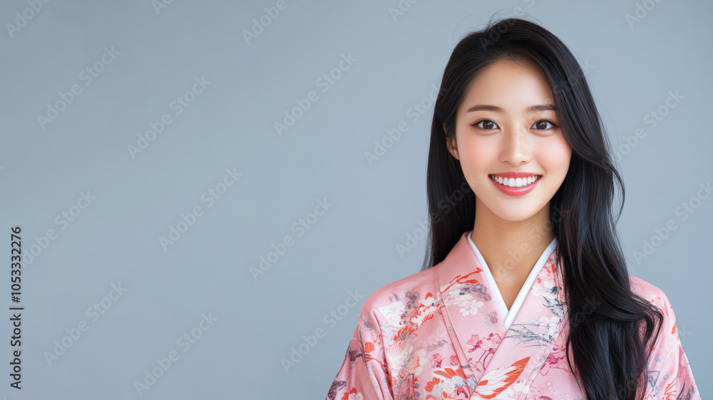 Japanese woman in traditional batik cloth isolated on gray copy space Japanese woman in traditional batik cloth isolated on gray copy space