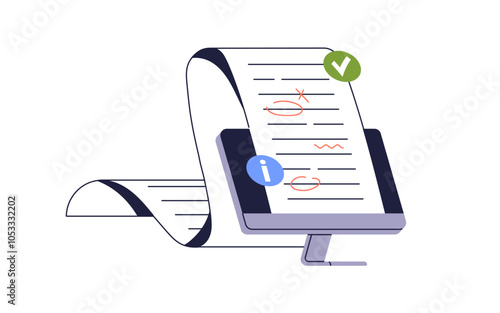 Proofreading and document editing concept. Checking, searching, correcting text for mistakes, grammar. Online service for writing revision. Flat vector illustration isolated on white background