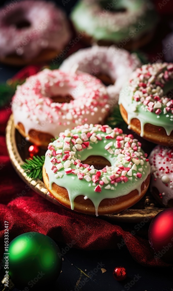 Fun and festive donuts with green frosting and red and white sprinkles for holiday celebration Fun and festive donuts with green frosting and red and white sprinkles for holiday celebration