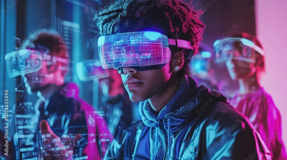 Fototapeta premium Young professionals in futuristic workspace using augmented reality headsets and holographic screens for collaborative digital project, surrounded by neon lighting and immersive virtual interface