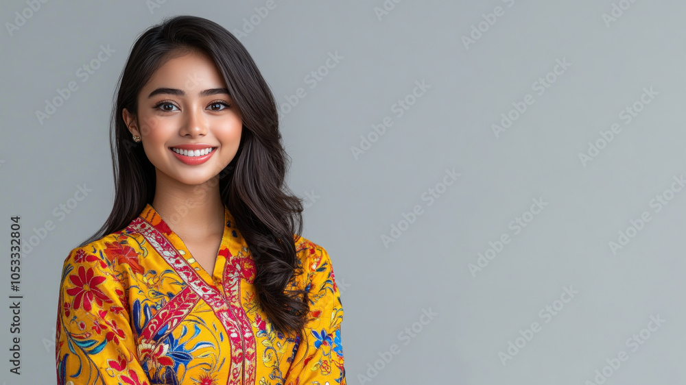 Malay woman in traditional batik cloth isolated on gray copy space Malay woman in traditional batik cloth isolated on gray copy space
