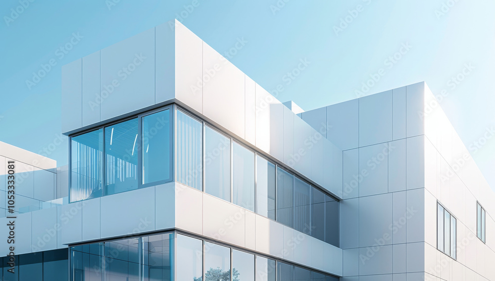 custom made wallpaper toronto digitalUltra Modern hospital, office building with a white and blue glass exterior, featuring sleek lines and advanced technological features architecture's design against a clear sky background.