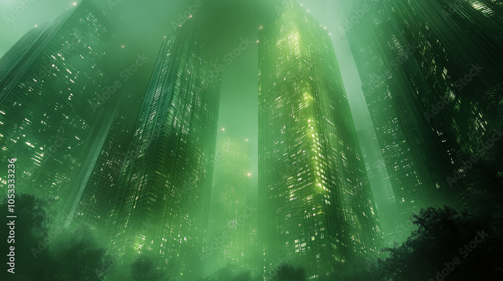 Negative architecture concept showing tall buildings looming over trees in green fog Negative architecture concept showing tall buildings looming over trees in green fog