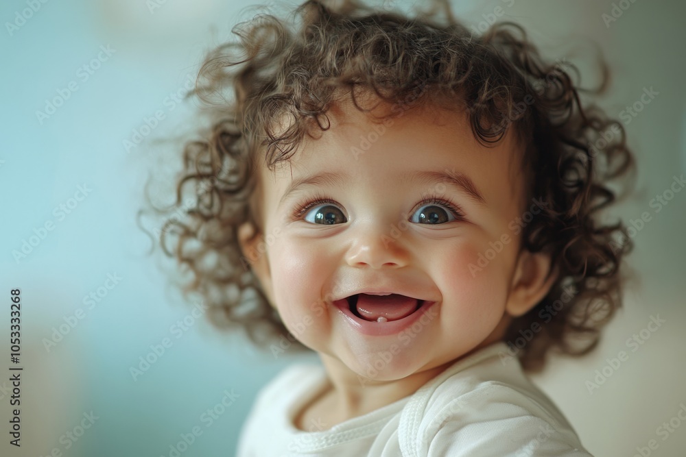 Fototapeta premium A joyful baby with curly hair. This portrait captures happiness in a simple way. Cute features and bright eyes shine with delight. Perfect for family themes. Generative AI