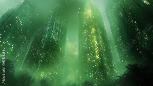 Negative architecture concept showing tall buildings looming over trees in green fog