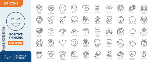 Positive Thinking line editable icon set. Open mind, mindset, smart think, good people, good habits, brain process, design thinking icon. Editable stroke. Vector illustration	
