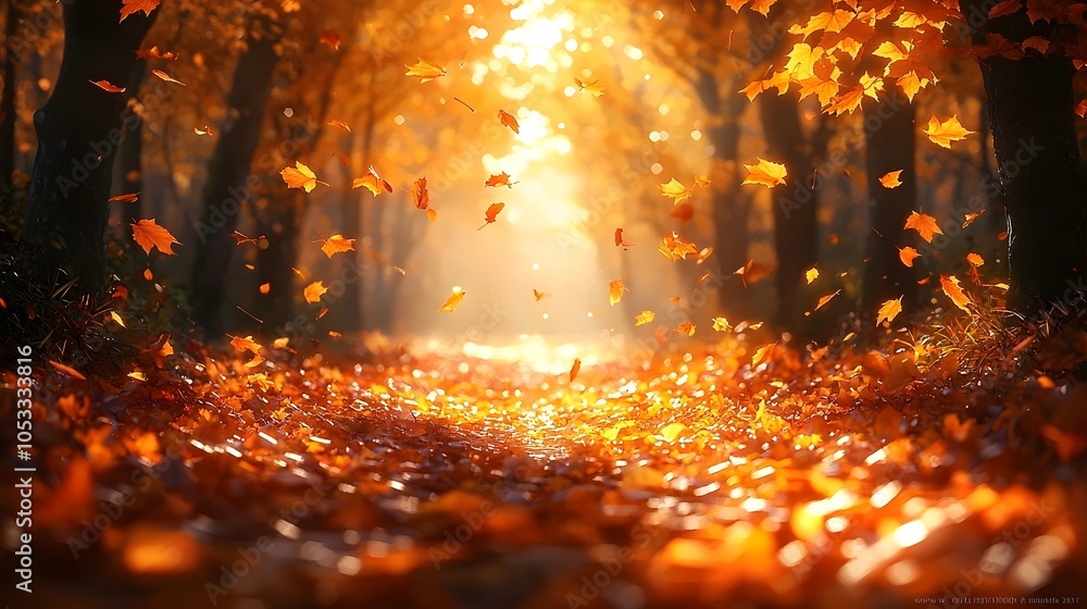 Fototapeta premium A serene autumn scene featuring a pathway lined with vibrant orange and yellow leaves, illuminated by warm sunlight filtering through a canopy of trees, creating a magical atmosphere.