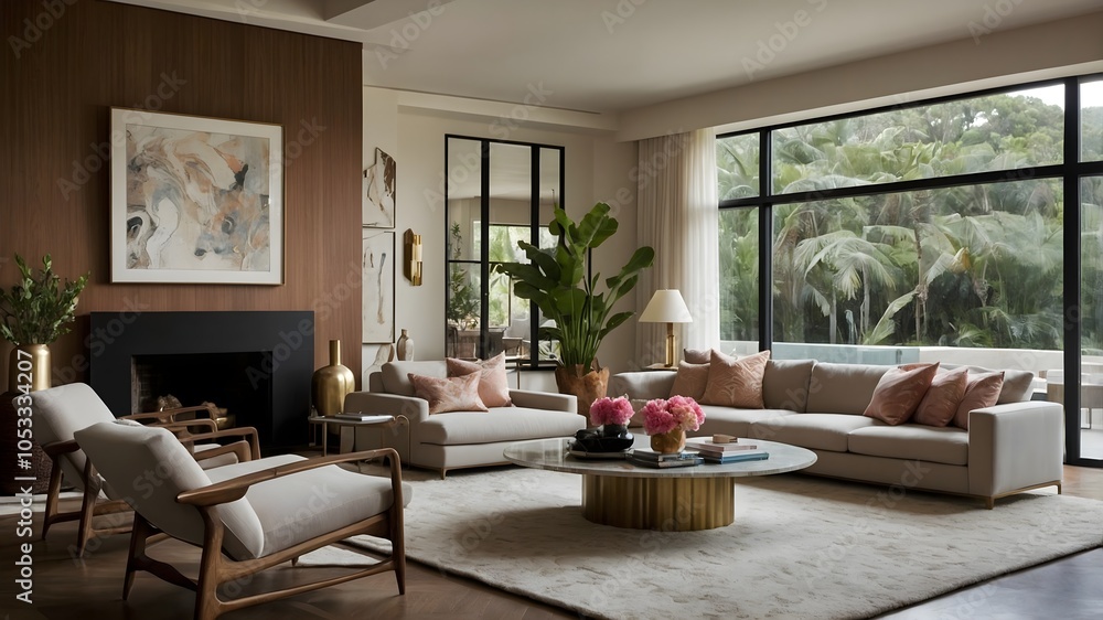 Ultra-Modern Living Room in a Serene Natural Setting: A Harmonious Blend of Luxury and Eclectic Elegance. (AI-Generated) Ultra-Modern Living Room in a Serene Natural Setting: A Harmonious Blend of Luxury and Eclectic Elegance. (AI-Generated)