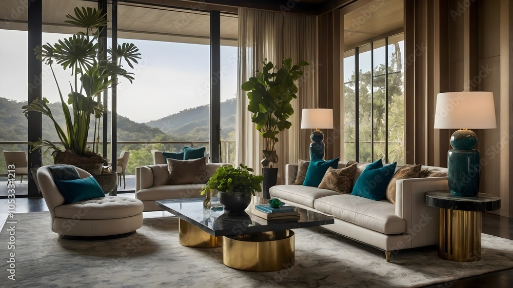 Fototapeta premium Ultra-Modern Living Room in a Serene Natural Setting: A Harmonious Blend of Luxury and Eclectic Elegance. (AI-Generated) 