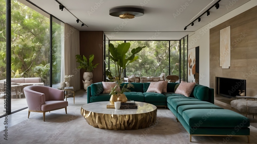 Fototapeta premium Ultra-Modern Living Room in a Serene Natural Setting: A Harmonious Blend of Luxury and Eclectic Elegance. (AI-Generated) 