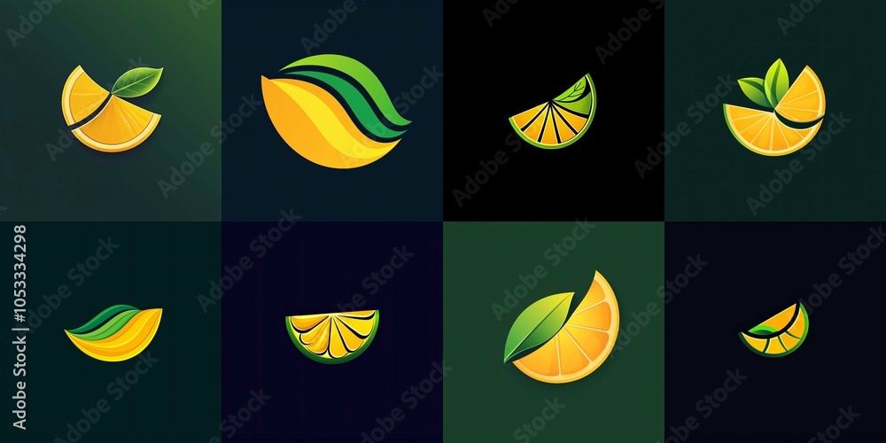 Obraz premium A vibrant logo showcases a stylized citrus slice in bright yellow and green, with dynamic lines and curves symbolizing freshness.