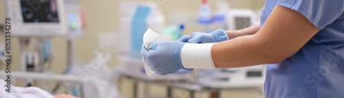 A healthcare professional prepares to attend to a patient with a bandaged wrist.