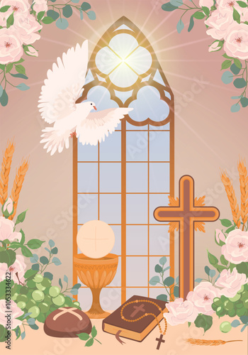Elements for the first communion - bread, holy cup, wine. The presence of the Holy Spirit in the temple in the form of a white dove. Decorated altar in the church. Design of a greeting card or poster.