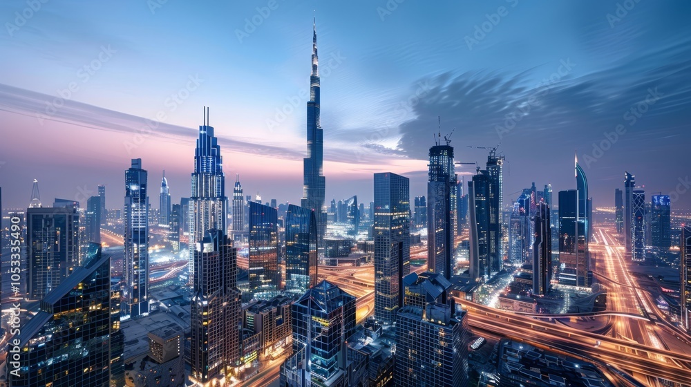 Obraz premium Futuristic cityscape a vibrant skyline showcasing illuminated skyscrapers and advanced urban life
