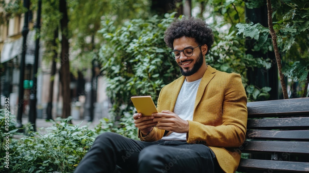Young Smiling Man in Stylish Yellow Blazer Using Digital Tablet on Park Bench, Relaxing Outdoors in Urban Greenery Young Smiling Man in Stylish Yellow Blazer Using Digital Tablet on Park Bench, Relaxing Outdoors in Urban Greenery