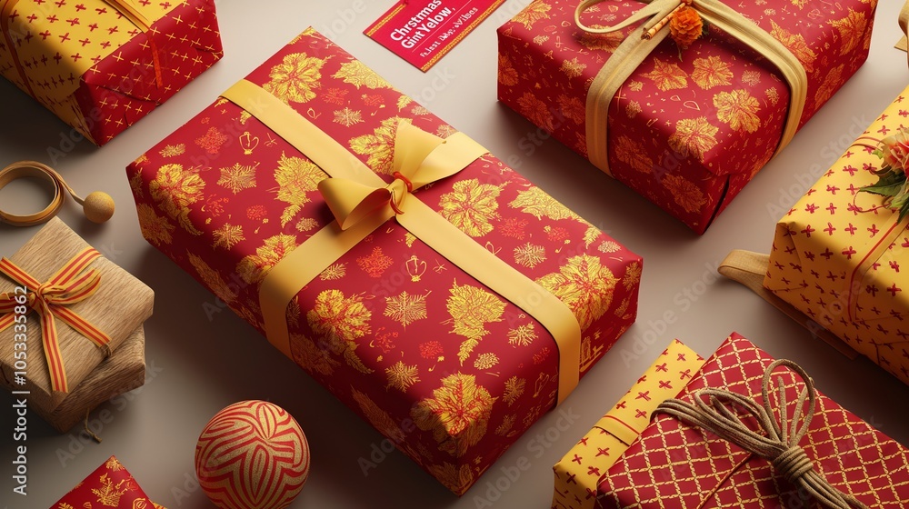 Christmas décor featuring a red and yellow motif Christmas décor featuring a red and yellow motif