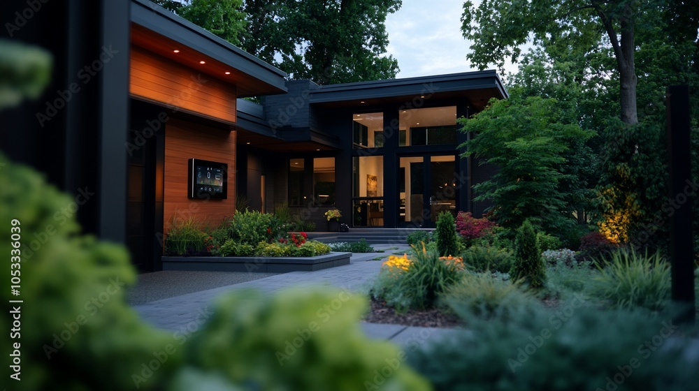 Modern home with large windows, landscaped yard, and patio. Modern home with large windows, landscaped yard, and patio.