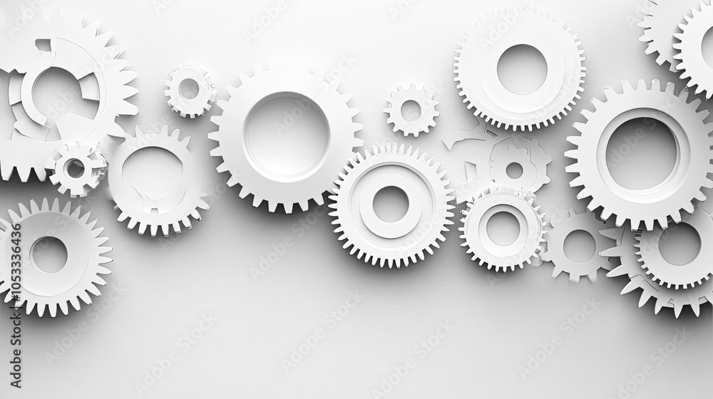 White 3D gears on a gray background, arranged in a cluster. White 3D gears on a gray background, arranged in a cluster.
