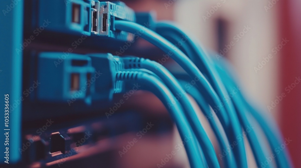 Close-up of blue network cables connected to a server, highlighting technology infrastructure. Close-up of blue network cables connected to a server, highlighting technology infrastructure.