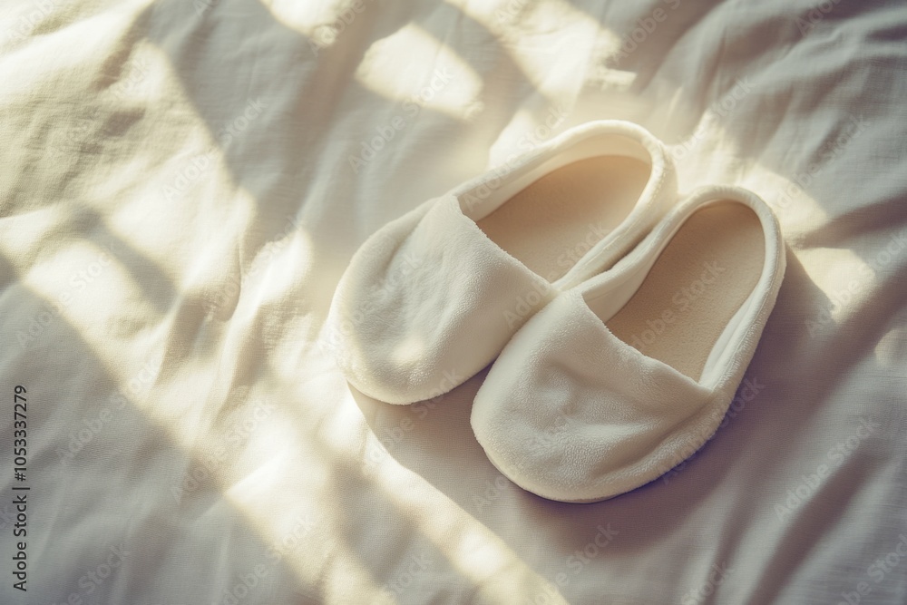 Soft white slippers resting on a cozy bed. Comfortable and inviting, they symbolize warmth and relaxation. A perfect addition for restful moments. Generative AI Soft white slippers resting on a cozy bed. Comfortable and inviting, they symbolize warmth and relaxation. A perfect addition for restful moments. Generative AI