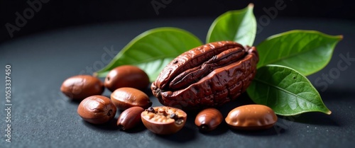 A bunch of nuts and a leaf are on a black background. The nuts are of different sizes and shapes, and the leaf is green. Concept of abundance and variety, as well as the natural beauty of the nuts photo