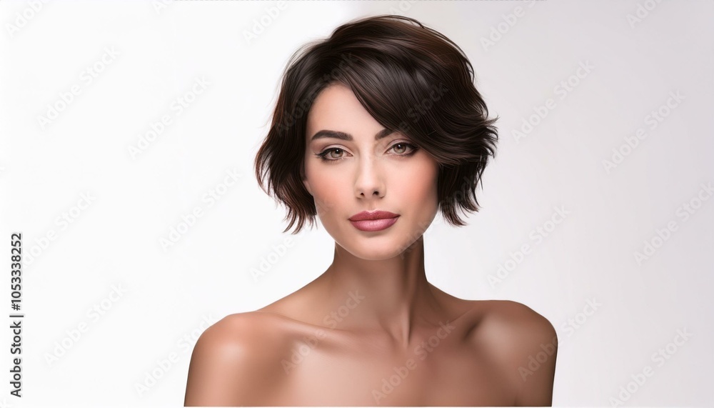 studio portrait of a brunette short haired woman with nude shoulders on a white background
studio portrait of a brunette short haired woman with nude shoulders on a white background
