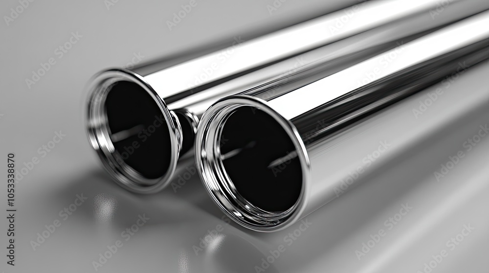 Two shiny chrome pipes laid side by side on a gray surface. Two shiny chrome pipes laid side by side on a gray surface.