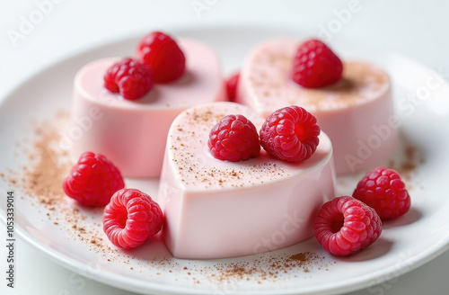 Charming heart-shaped pink jelly desserts topped with fresh raspberries and lightly dusted with cocoa powder on a white plate on Valentine's Day. Concept for romantic or festive occasions. photo