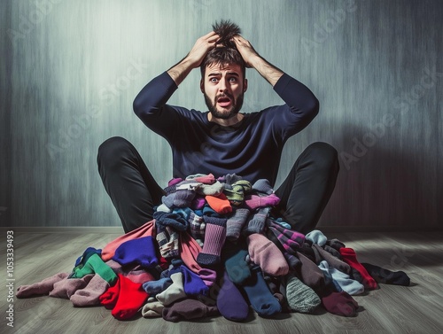 A person is sitting on the floor with their head in their hands, visibly stressed about the chaotic mess of mismatched socks scattered around them in a dimly lit room.